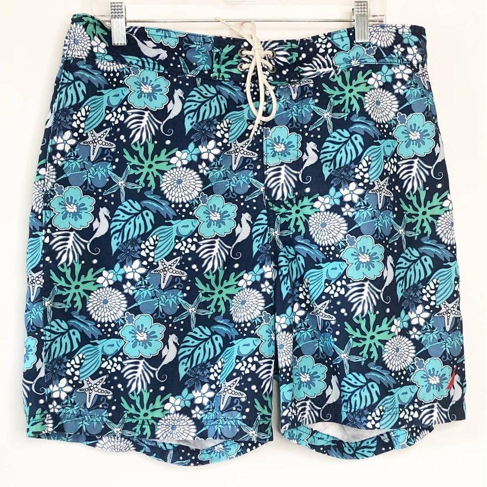 Nautica Size Large Board Shorts Swim Trunks Lined Tie Front Blue Tropical